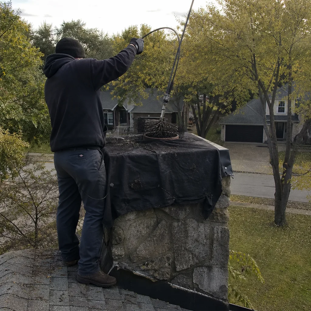 Professional chimney sweep cleaning a stone chimney flue on a rooftop