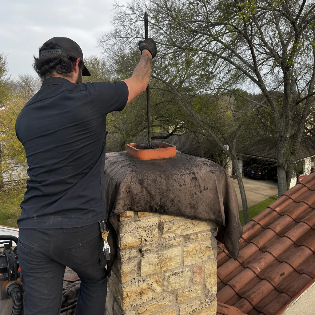 Professional chimney sweep cleaning a stone chimney flue on a rooftop