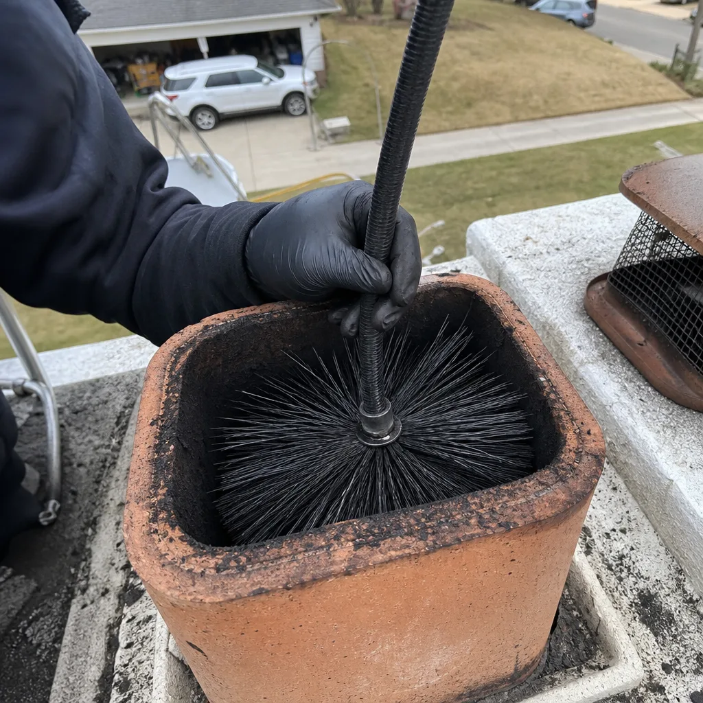 Professional chimney sweep cleaning a chimney flue with a wire brush.