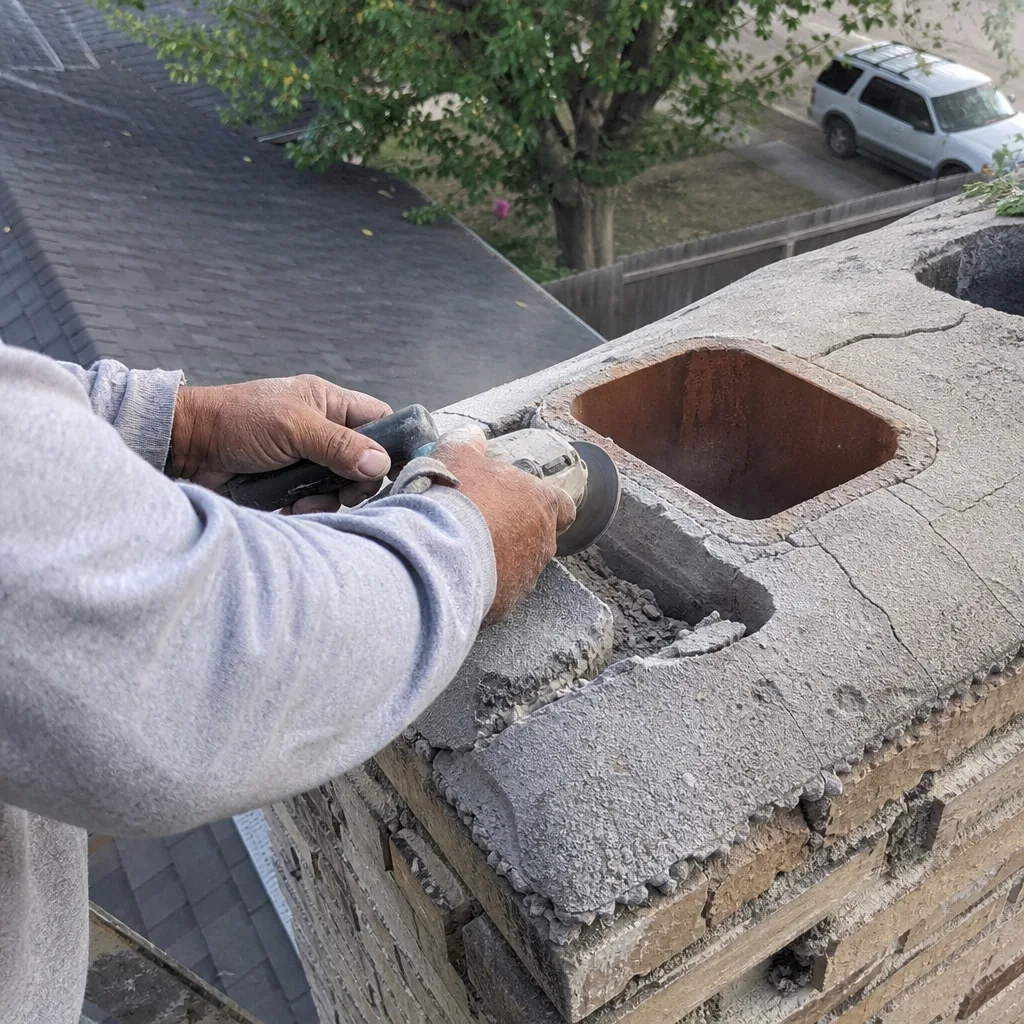 Professional performing concrete chimney crown repair using an angle grinder