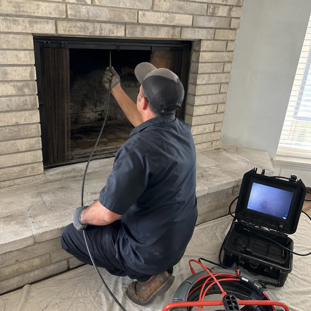 Technician performing a professional fireplace and chimney flue video inspection.