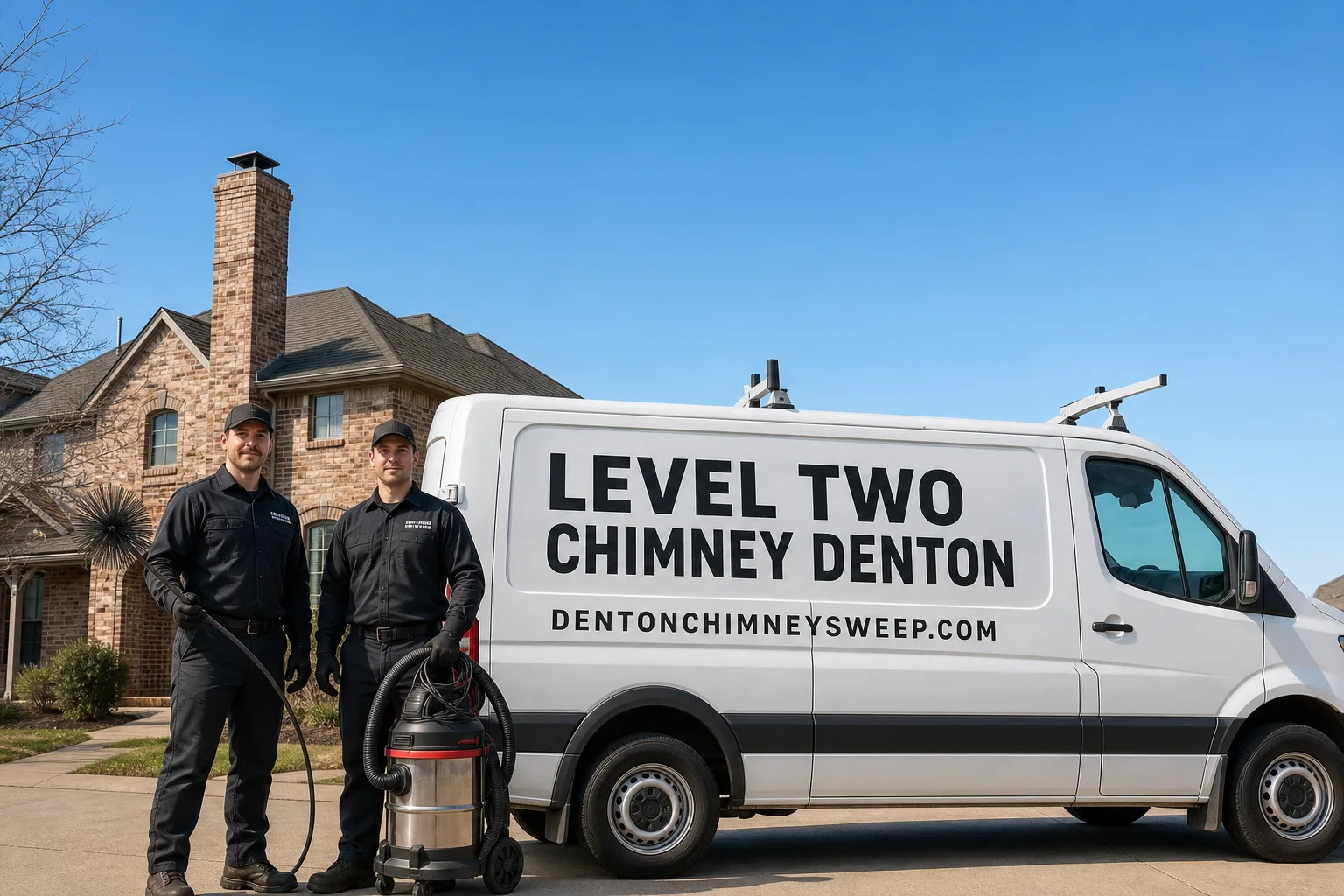 Level Two Chimney Denton chimney cleaning service vehicle and crew in Denton, TX